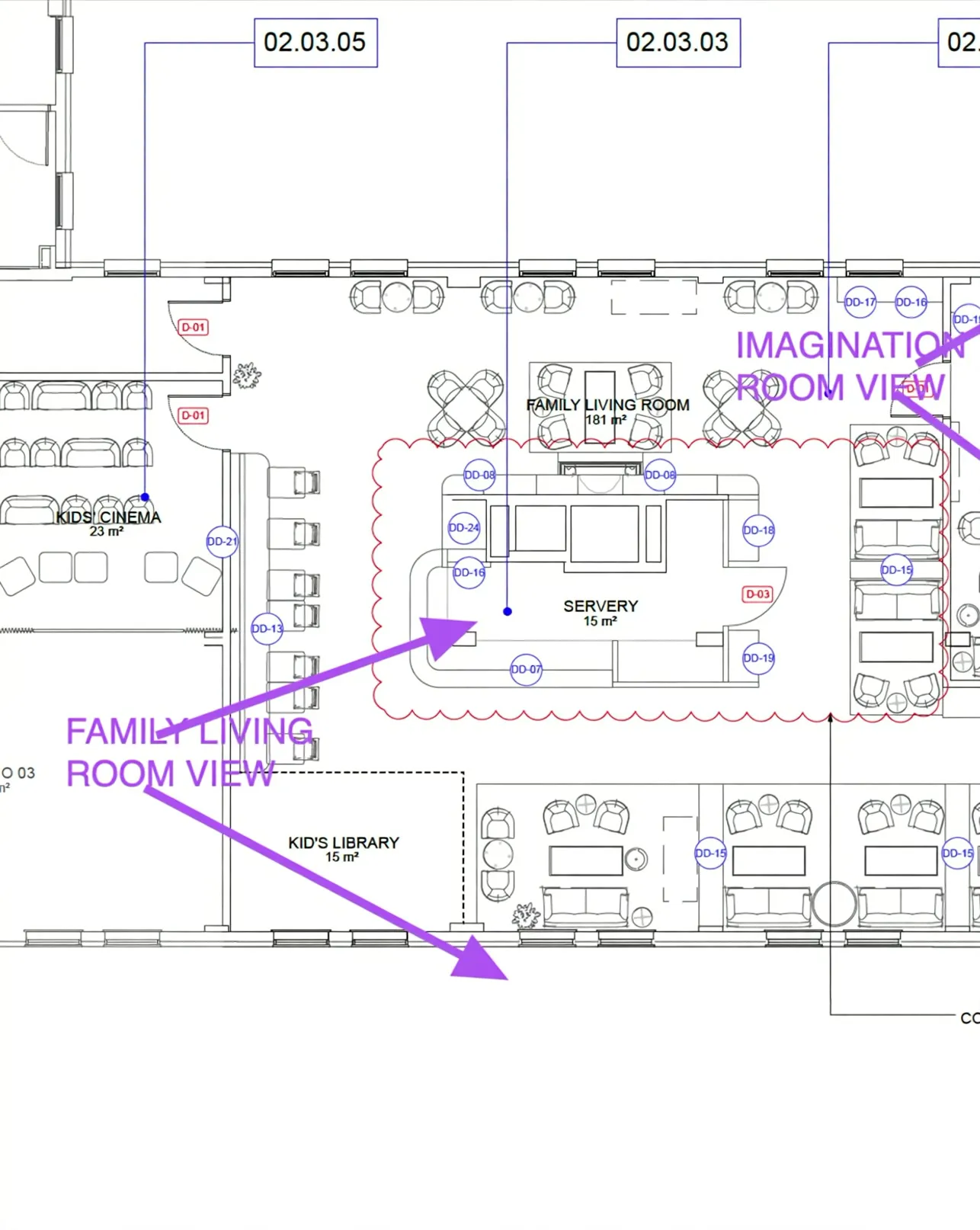 A furniture and room-layout floor plan for a family lounge area, rooms labelled and camera view directions marked, ahead of any 3D visualisation work.