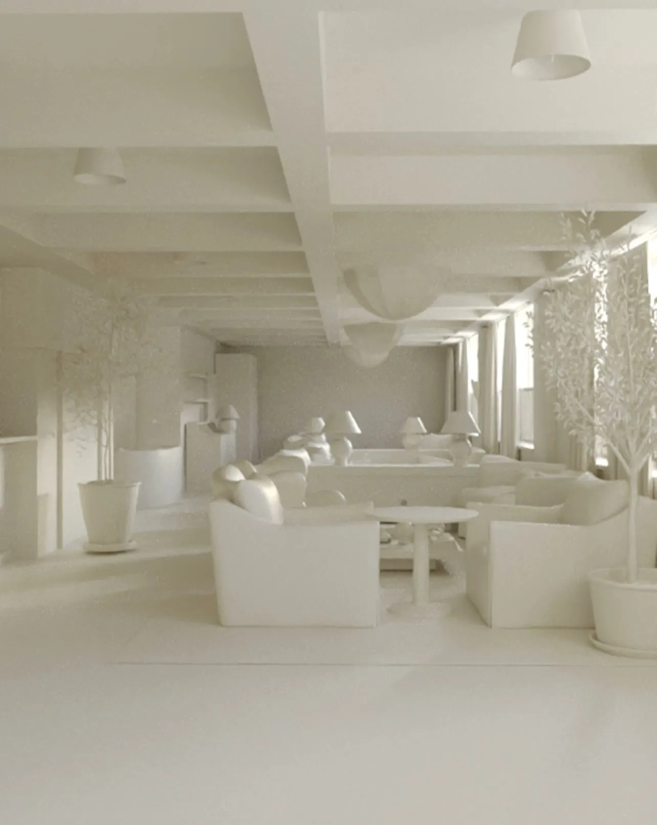 An unrendered clay study of the same lounge — form, proportion and light established through columns, seating and full-height windows, with no colour or material yet applied.